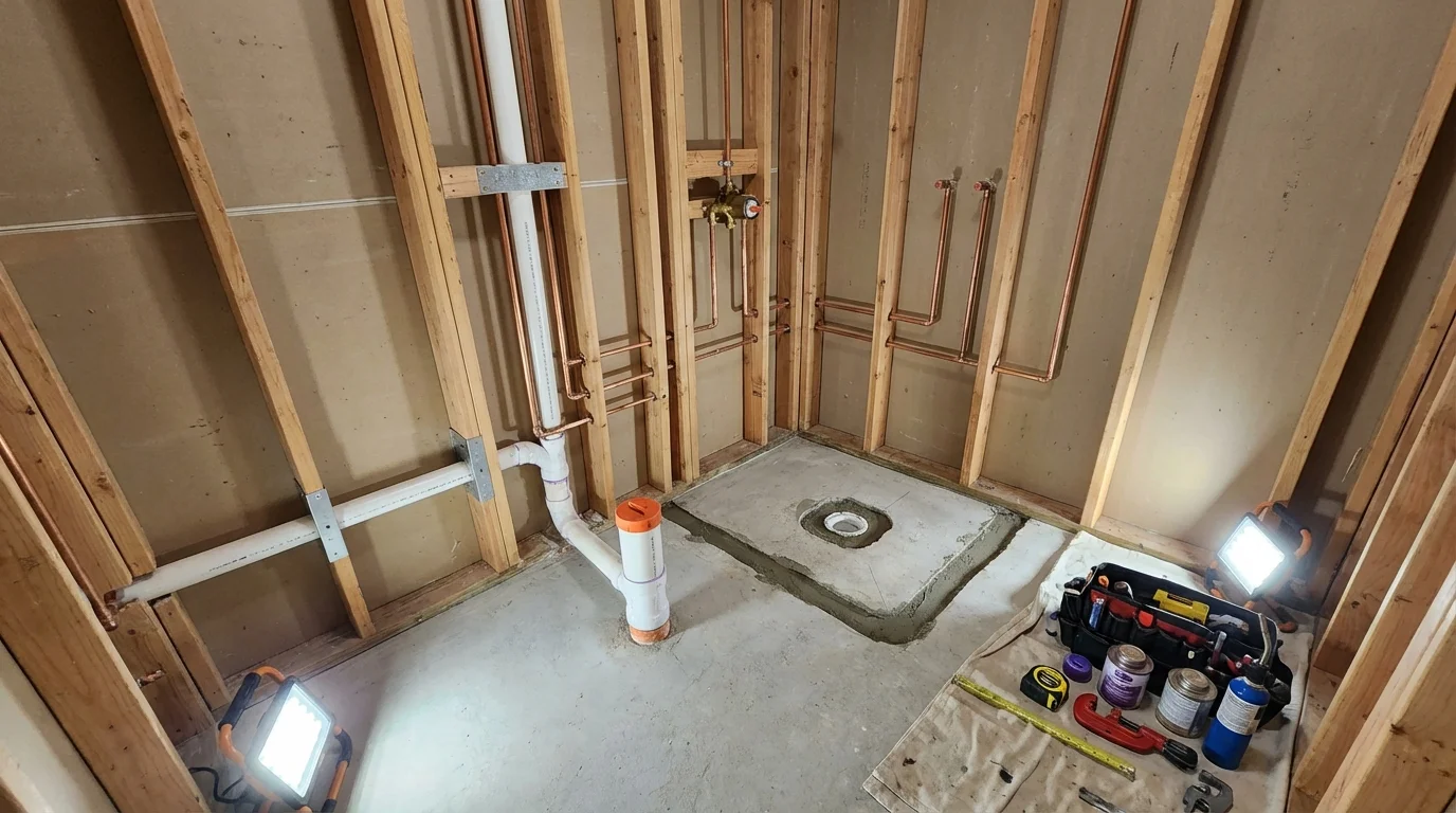 Bathroom rough-in plumbing during remodel by Johns Plumbing LLC in Glenmora