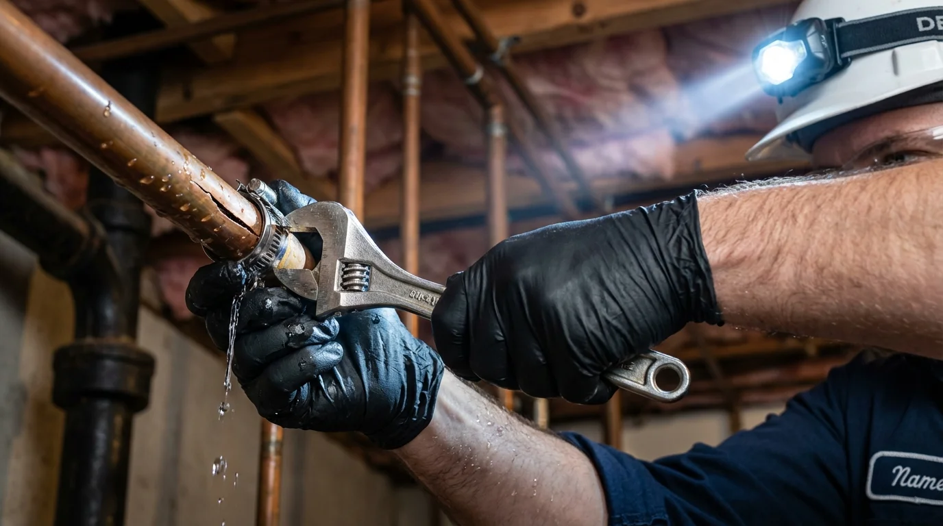Emergency pipe clamp repair being performed by a Johns Plumbing LLC plumber in Glenmora