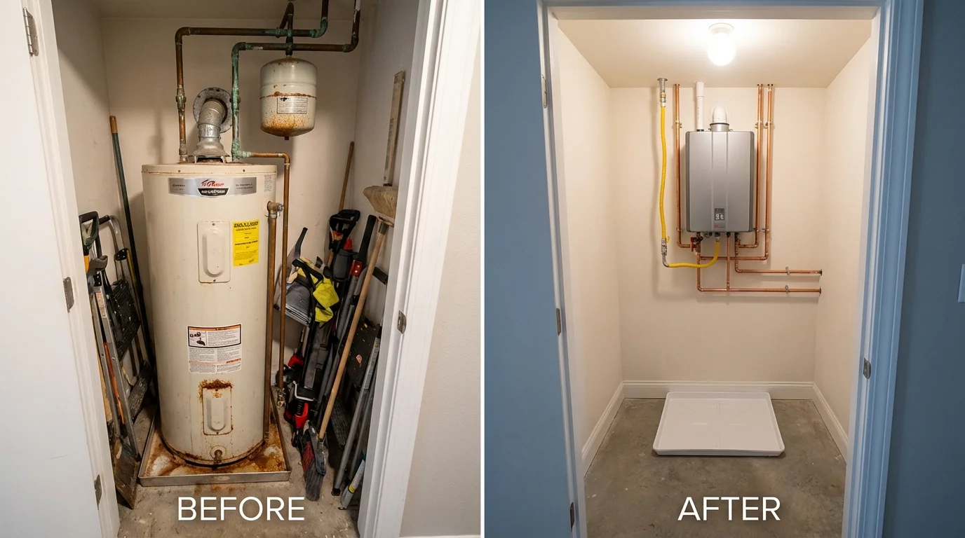 Tank water heater versus wall-mounted tankless unit comparison for Glenmora, LA homeowners