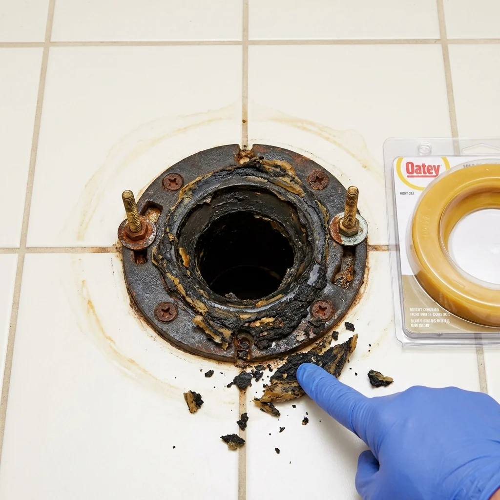 Failed wax ring showing water seepage at the base of a toilet in a Glenmora, LA home