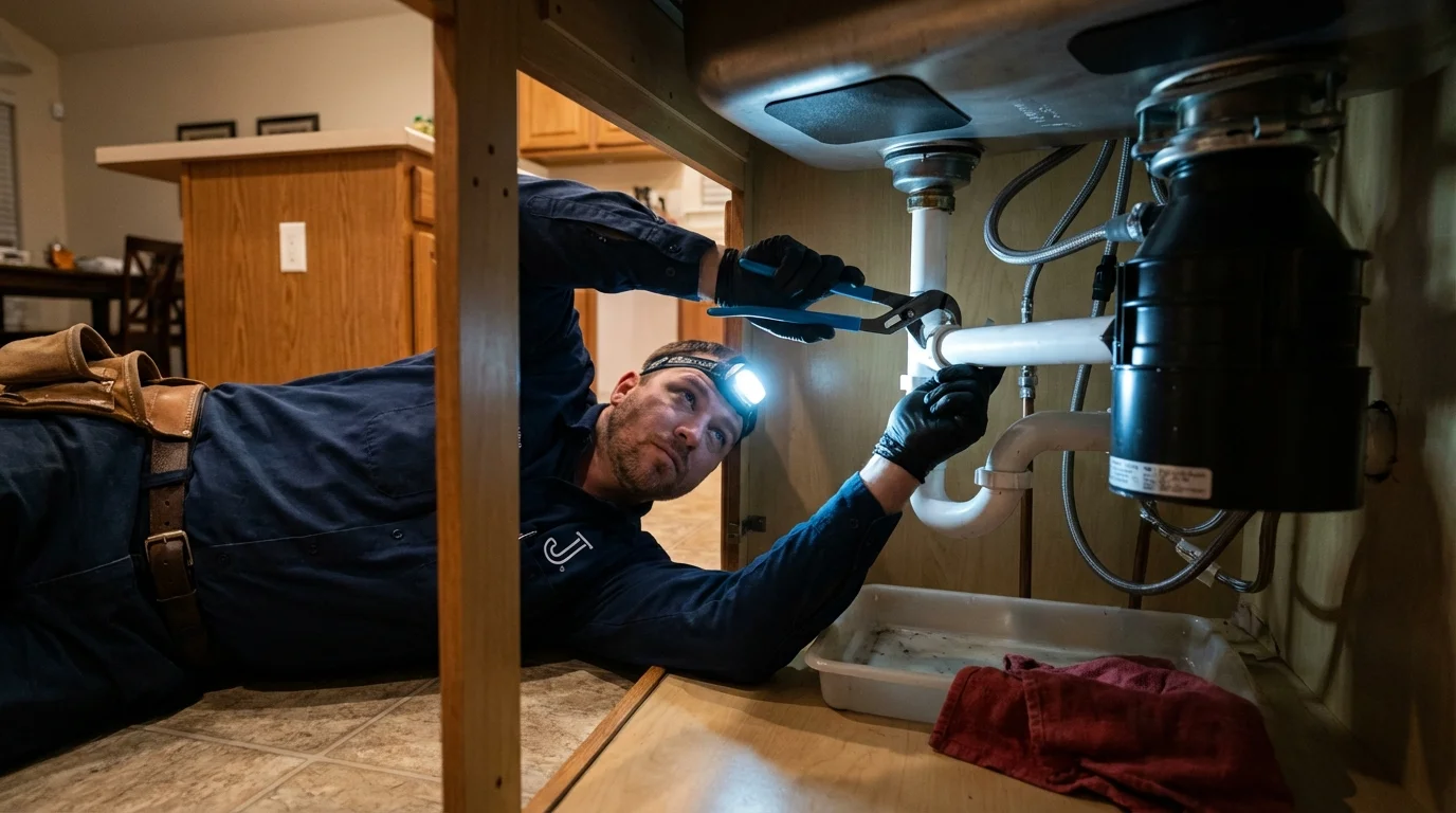 P-trap and supply line connections under a kitchen sink showing a common leak point in Glenmora, LA